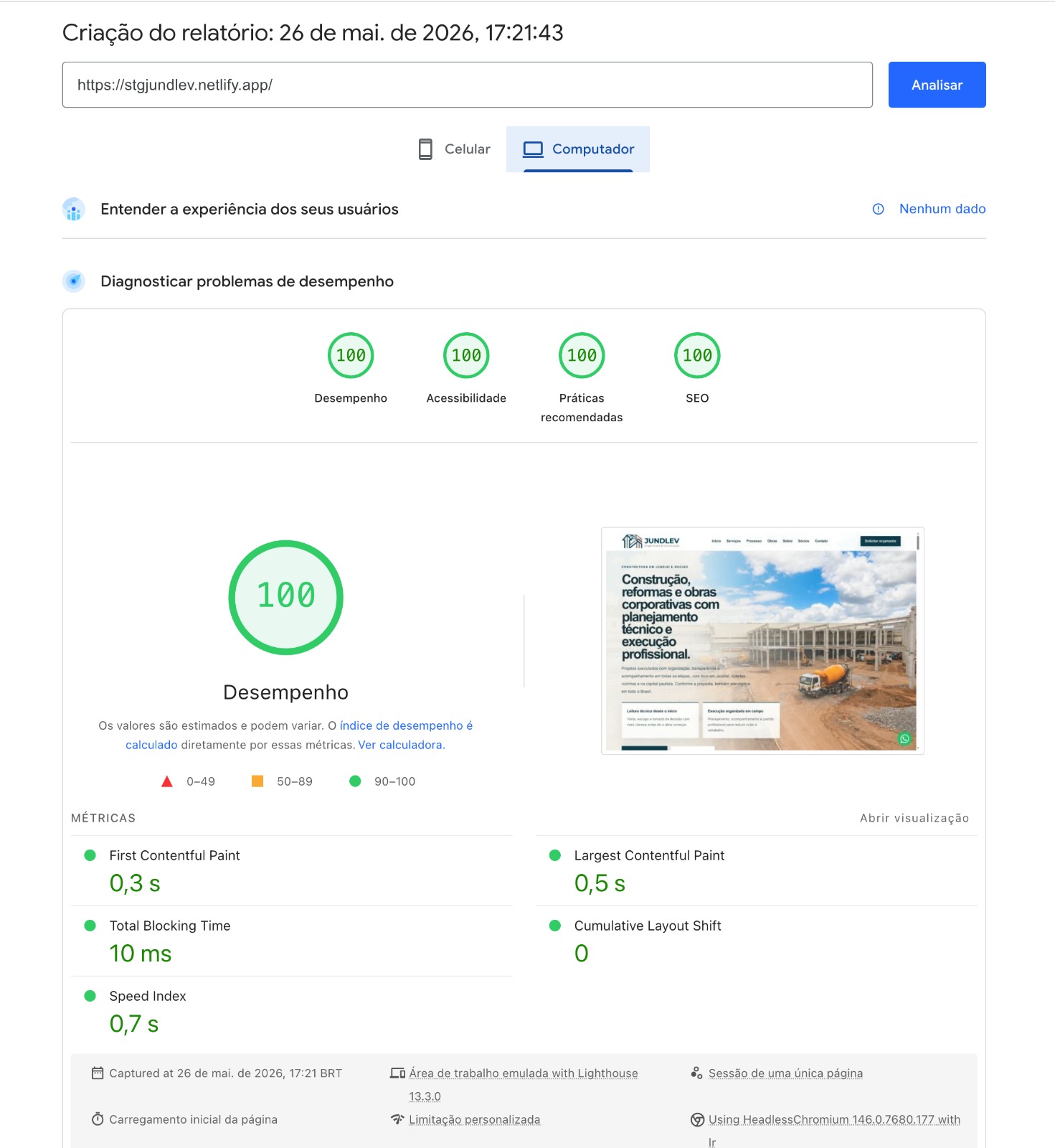 Resultados PageSpeed do projeto Jundlev em computador