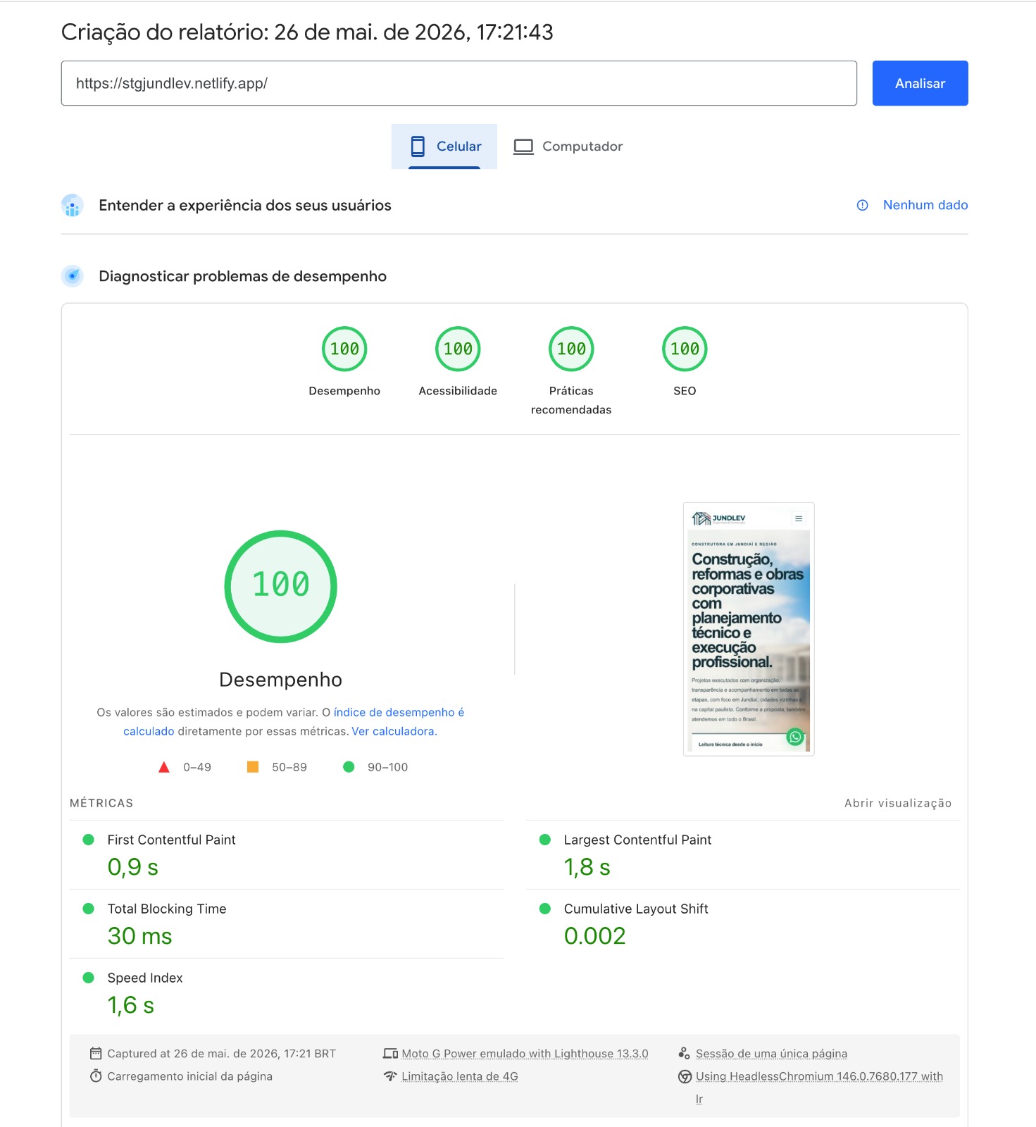 Resultados PageSpeed do projeto Jundlev em celular