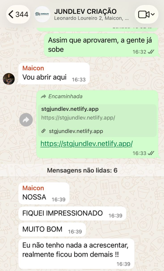 Prova social do projeto Jundlev em conversa no WhatsApp